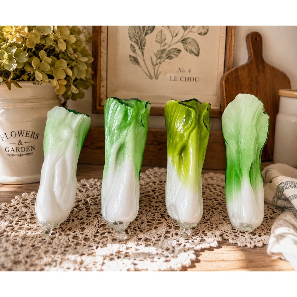 Murano Style Art Glass Bok Choy Cabbage Set of 4 Hand Blown Kitchen Decor Italy‎